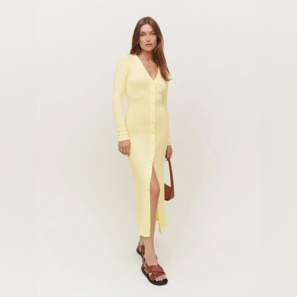NWOT Reformation Butter Yellow Ribbed Cardigan Button Maxi Dress XL